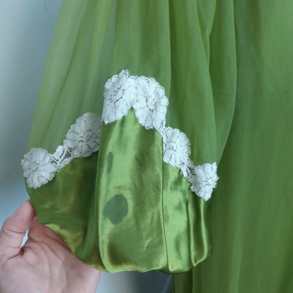 Incredible Vtg 2 Pc 100% Nylon Tricot Peignoir Nightgown & Robe Set Green Lace - Picture 7 of 12